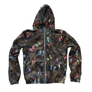 Nan Zhang Lian Camo Butterfly Print Hooded Windbreaker Jacket Brown Multi S